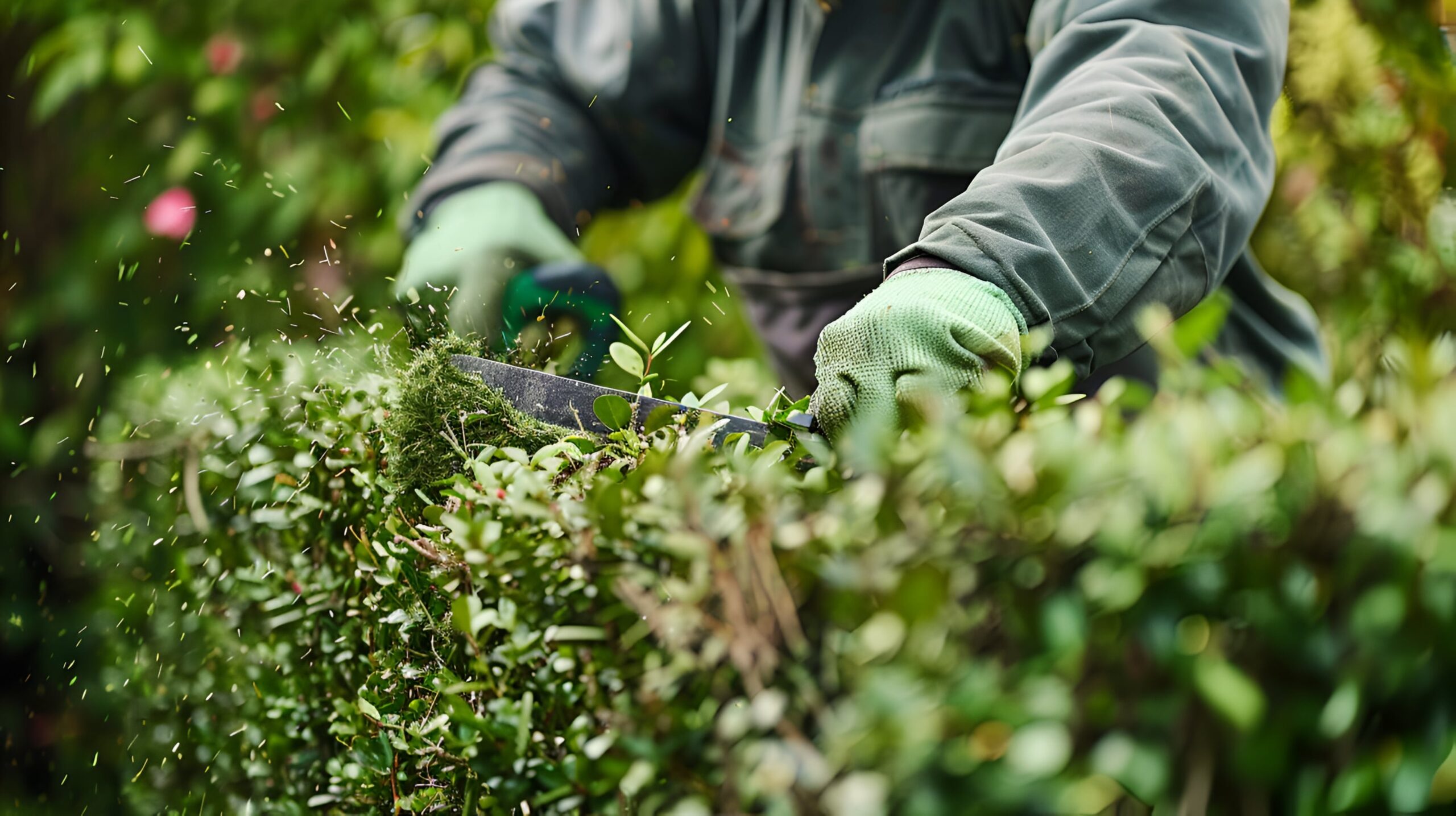 Ein Gärtner schneidet die Hecke mit einer Gartenschere zurück